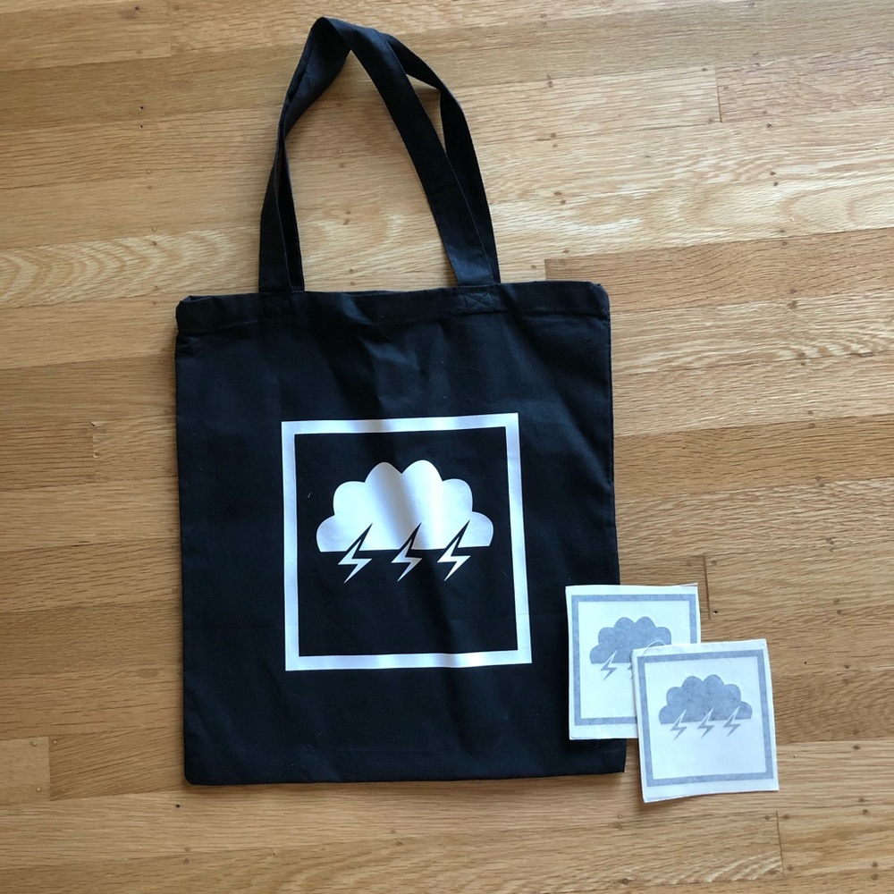 Custom black tote with storm print. PLUS stickers!